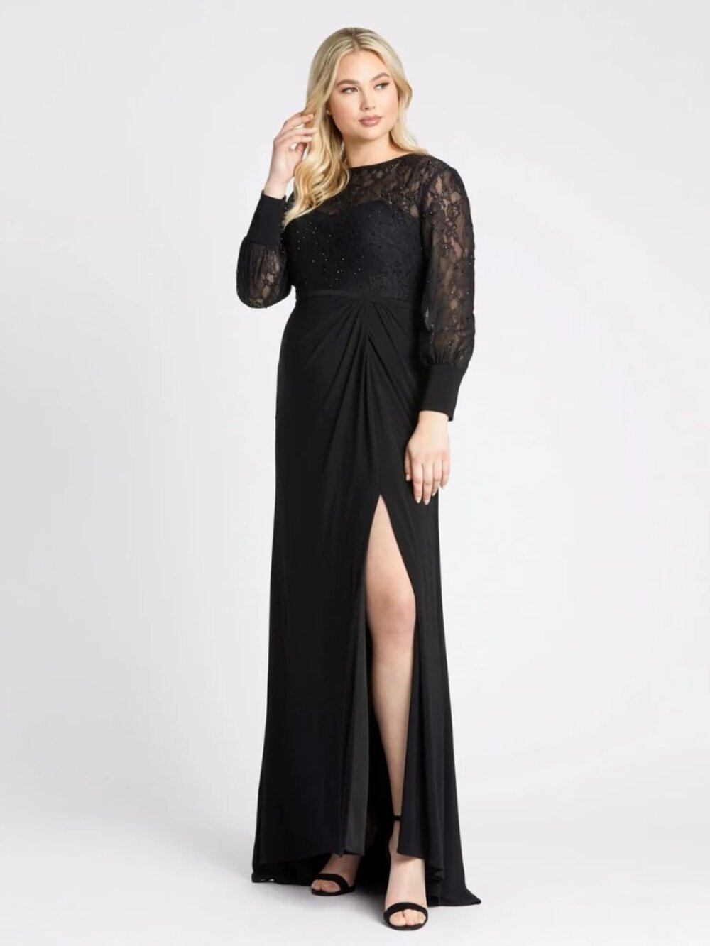 Mac Duggal Black evening gown with sweetheart neckline and sequined lace overlay